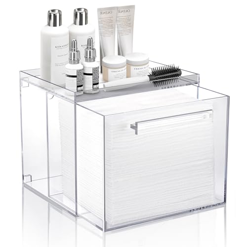 Acrylic Disposable Facial Towels Holder, Wall-Mounted, Clear | Premium Thicken Acrylic | Compatible with Clean Skin Club Towel XL | Skin Care Organizer with Drawer | Bathroom Vanity