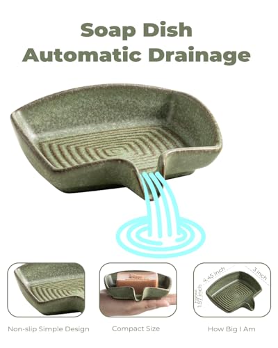 Self Draining Soap Dish, Ceramic Bar Soap Holder with Drainage | Soap Saver with Waterfall Design Soap Tray for Shower, Bathroom, Sink, Kitchen and Countertop, Farmhouse Kitchen Decor, Green