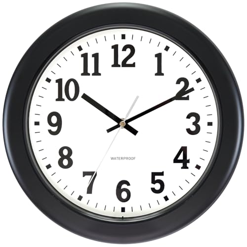 Caysie 12 Inch Sealed Indoor Outdoor Clock Waterproof, Silent Battery Operated Weatherproof Wall Clocks for Pool Patio Outside Home (Black)