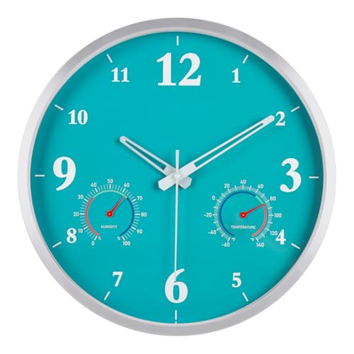 Outdoor Clock Waterproof with Thermometer and Hygrometer Combo 12 Inch Blue | Outdoor Metal Aluminum Frame Wall Decor Garden Patio Pool