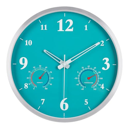 Outdoor Clock Waterproof with Thermometer and Hygrometer Combo 12 Inch Blue | Outdoor Metal Aluminum Frame Wall Decor Garden Patio Pool