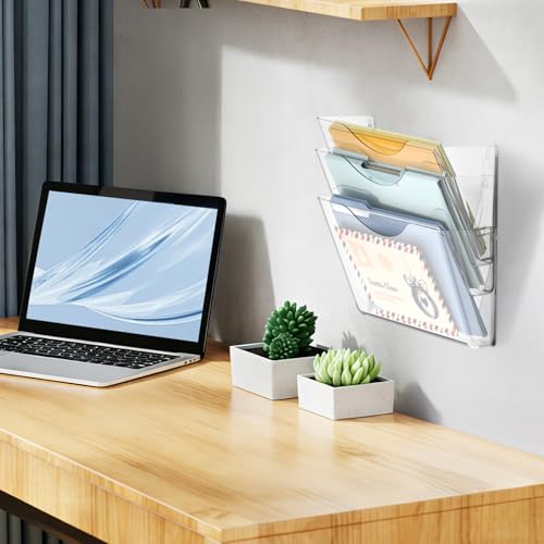 Clear Acrylic Wall File Holder, 3 Pack Wall Mount Single Pocket Organizer | One-piece design, no assembly needed, screws not included, ideal for mail magazines folders office home classroom use