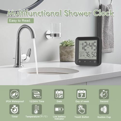 Waterproof Shower Clock, Digital Bathroom Kitchen Wall Clock Timer w/Temp. | w/Calendar, Touch Screen, Suction Cup, Hanging Hole, Battery Operated,Black