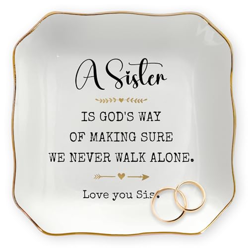 Sister Birthday Gifts for Women - 4"X4" Ceramic Jewelry Dish Tray | Sister Gifts, Ring Dish for Women, Gift For Sister, Gold Trim Design, Desk Vanity Decor, Polished Finish