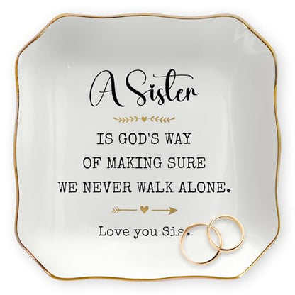 Sister Birthday Gifts for Women - 4"X4" Ceramic Jewelry Dish Tray | Sister Gifts, Ring Dish for Women, Gift For Sister, Gold Trim Design, Desk Vanity Decor, Polished Finish