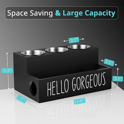 Hair Tool Organizer, Wooden Hair Dryer Holder Countertop, Wall Mount Hot Tools Organizer for Hair Styling Accessories, Bathroom Supplies Vanity Caddy for Curling Wand, Blow Dryer, Black