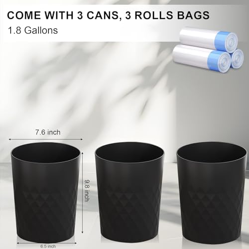 3 Pack Small Bathroom Trash Can with Trash Bags Plastic Garbage Can Black | Sturdy Stylish Decor Round Plastic Waste Basket Bin for Kitchen Bedroom Office Craft Room College Dorm Essentials
