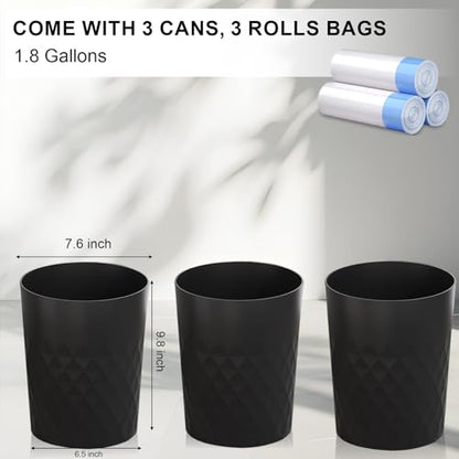 3 Pack Small Bathroom Trash Can with Trash Bags Plastic Garbage Can Black | Sturdy Stylish Decor Round Plastic Waste Basket Bin for Kitchen Bedroom Office Craft Room College Dorm Essentials
