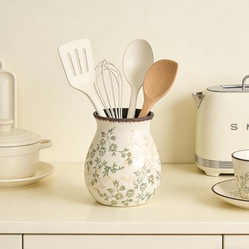 Rustic Ceramic Utensil Holder for Kitchen Counter Farmhouse Cooking Utensil Crock Vintage Kitchen Utensil Organizer Spatula Spoon Holder for Countertop Kitchen Decor (Springtime Green Vine)
