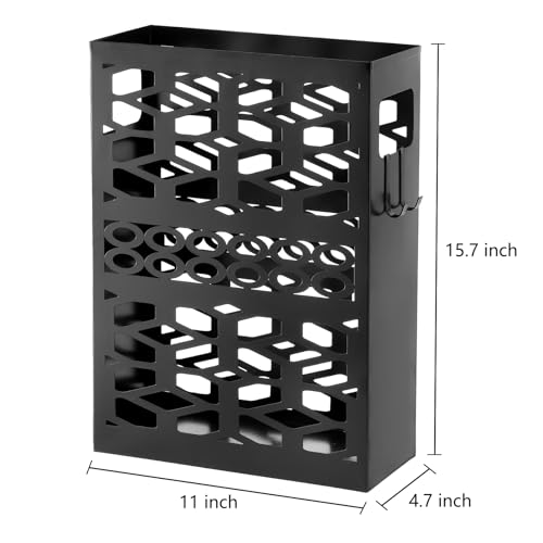 Rectangle Metal Umbrella Stand with 2 Hooks, Entryway Umbrella Holder & Walking Cane Storage, Umbrella Organizer Freestanding for Home, Office, Hotel, Black