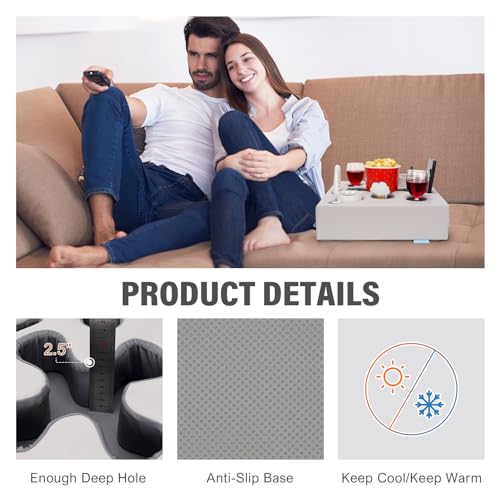 Couch Cup Holder Pillow, PU Grey | Sofa Cup Holder for Bed, RV, TV, Car, Man Cave, Backseat, Remote, Drinks, Snacks Tray Organizer, Caddy Cupholder