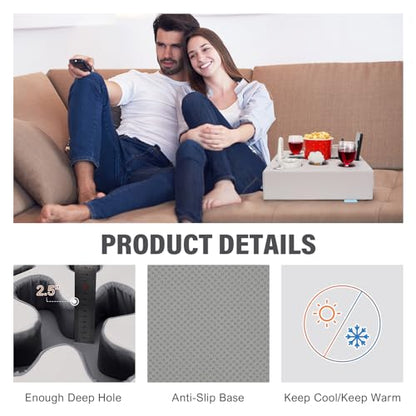 Couch Cup Holder Pillow, PU Grey | Sofa Cup Holder for Bed, RV, TV, Car, Man Cave, Backseat, Remote, Drinks, Snacks Tray Organizer, Caddy Cupholder