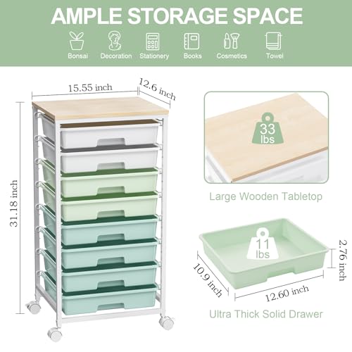 Rolling Cart with Drawers,Craft Organizers and Storage, Green | Rolling Storage Cart with 8 Drawers and Wooden Tabletop for Living Room,Office,Classroom,Craft Room,Bedroom,Dorm
