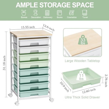 Rolling Cart with Drawers,Craft Organizers and Storage, Green | Rolling Storage Cart with 8 Drawers and Wooden Tabletop for Living Room,Office,Classroom,Craft Room,Bedroom,Dorm