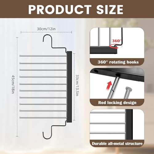Pants Hangers Space Saving for Closet: 10 Layer Metal Jean Hanger | Collapsible Non Slip Trouser Hangers - Magic Rotational Pant Rack for Display and Storage - College Dorm Essentials