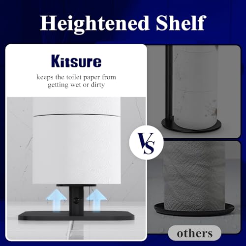 Kitsure Metal Toilet Paper Holder Free Standing, Medium, Black | Rustproof Toilet Paper Stand for 4 Rolls, Bathroom Organizers and Storage with Anti-Slip Base and Plastic Shelf
