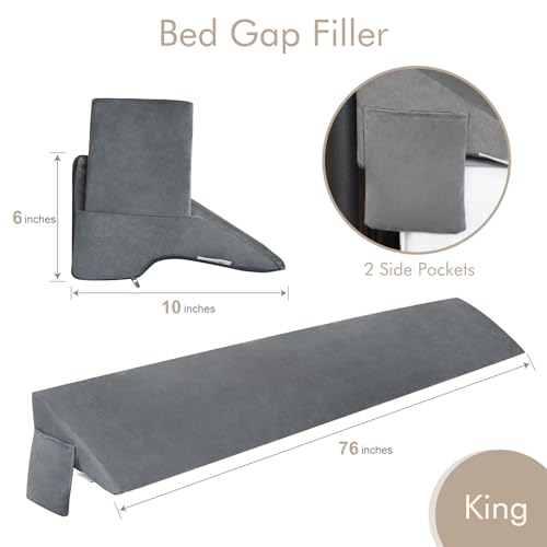 Vekkia King Bed Wedge Pillow for Headboard Gap Filler(0-5") | High-Density Foam,Prevents Pillows & Items from Falling,Large Storage Pockets, Removable&Washable Cover,Gray,76''x10"x6"