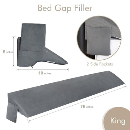 Vekkia King Bed Wedge Pillow for Headboard Gap Filler(0-5") | High-Density Foam,Prevents Pillows & Items from Falling,Large Storage Pockets, Removable&Washable Cover,Gray,76''x10"x6"