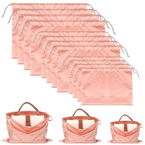12 Pack Dust Bags for Purses and Handbags - 3 Size Premium Polyester Purse Dust Bags for Storage with Drawstring, Pink Protective Covers for Luxury Bag Shoes Boots Travel Organization