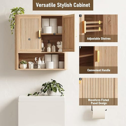Bathroom Wall Storage Cabinet, Medicine Cabinet with Adjustable Wood Shelf & Doors, Over the Toilet Storage Cabinet for Laundry Room & Living Room Kitchen Storage Islands (Natural Oak)