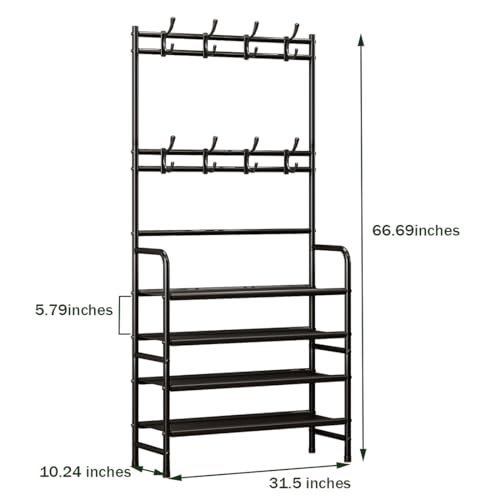 Coat Rack Shoe Rack With Storage Hooks Standing Organizer 4 Tier | Metal Freestanding Hall Tree for Clothes Hats bag Scarves Space Saving Design for Entryway Bedroom living Closet Office,Black