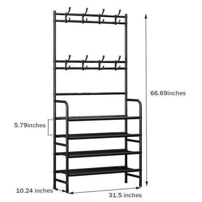Coat Rack Shoe Rack With Storage Hooks Standing Organizer 4 Tier | Metal Freestanding Hall Tree for Clothes Hats bag Scarves Space Saving Design for Entryway Bedroom living Closet Office,Black