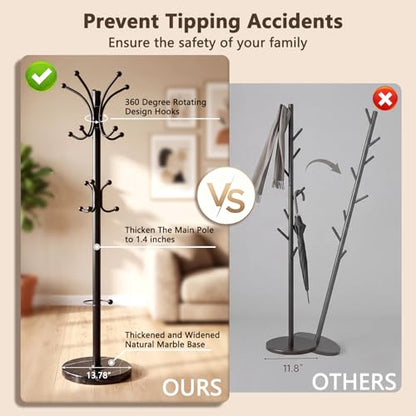 Marble Base Coat Rack Freestanding, 360° Rotary 16 Hooks Black | Heavy Duty Standing Coat Rack with Umbrella Holder, Larger 13.78" Base for Entryway Bedroom Office Living Room