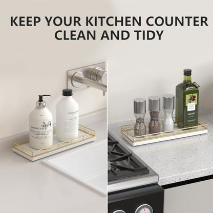 Bathroom Tray for Counter Top Organizer, Oak Wood Vanity Tray | Metal Frame for Dresser, Kitchen & Nightstand, Gold & White Decorative Storage
