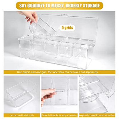 Condiment Tray with Stainless Steel Tableware, Chilled Condiment Server | Bar Accessories with 5 Spoons, 5 Forks and 1 Clip with Removable Trays and Lid