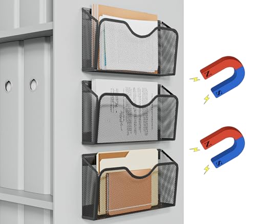 JANE EYRE Magnetic File Holder - 3PCS File Paper Mail Organizer No Drilling Magazine Paper Document Holder/Magnetic Hanging File Organizer for File Cabinets, Office, Whiteboard, BLACK