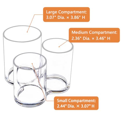 MOSIKER Hair Brush Holder, Clear Acrylic Makeup Brush Organizer, 3 Sections | Connected open-top cylinders in varied heights sort combs, mascara, eyeliner, lip pencils, pens and small remotes.