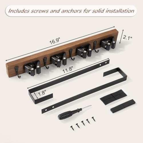 OUTNILI Over the Door Broom and Mop Holder, Wood Broom Organizer with 4 Slots and 4 Hooks, No Drilling Door Mount Tool Rack for Laundry Room, Garage, Closet, Kitchen, Rustic Cleaning Tool Storage
