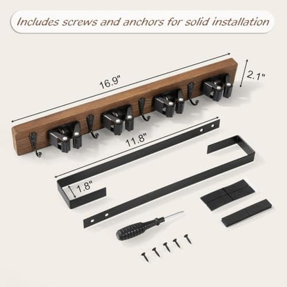 OUTNILI Over the Door Broom and Mop Holder, Wood Broom Organizer with 4 Slots and 4 Hooks, No Drilling Door Mount Tool Rack for Laundry Room, Garage, Closet, Kitchen, Rustic Cleaning Tool Storage