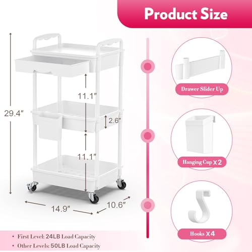 SUNALLY Makeup Cart Organizer with Drawer,3 Tier Rolling Makeup Cart, White | Rolling Vanity Storage for Skin Care Perfume Nail Polish, Floor Skincare Organizers Cosmetics Display Bathroom Storage Cart