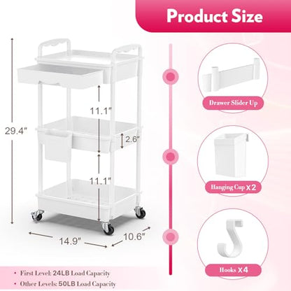 SUNALLY Makeup Cart Organizer with Drawer,3 Tier Rolling Makeup Cart, White | Rolling Vanity Storage for Skin Care Perfume Nail Polish, Floor Skincare Organizers Cosmetics Display Bathroom Storage Cart