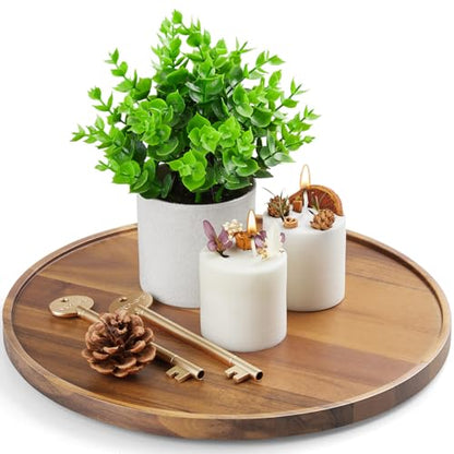 12 Inch Acacia Wood Round Tray, Wooden Decorative Bathroom Coffee Table Tray Centerpiece Candle Holder for Farmhouse Kitchen Dining Room Home Decor Coffee Table Decor and Accessories