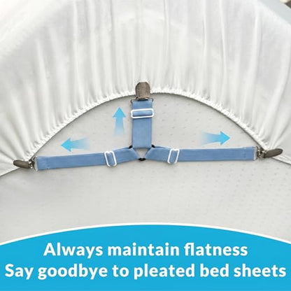 Bed Sheet Straps, 8-Pack Adjustable Bed Sheet Clips - Easy Install Secure Fit Clips, Non-Slip Elastic Holders for Fitted Sheets | Keep Sheets in Place (Blue)