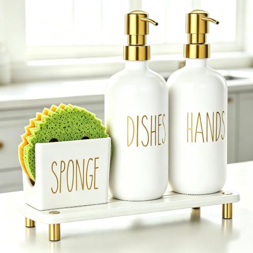 Cisily Kitchen Soap Dispenser Set Comes with Ceramics Sponge Holder, Gold Pumps, and Instant Dry Tray, Hand and Dish Soap Dispenser Set, Kitchen Decor and Accessories for Countertop Organizer