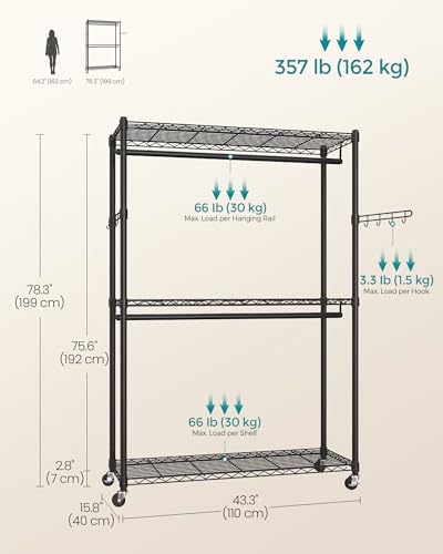 SONGMICS Heavy-Duty Rolling Clothes Rack, Garment Rack, Portable Closet, 43.3-Inch Wide Clothing Rack on Wheels, with Adjustable Mesh Shelves and Hanging Rails, Hooks, Ink Black ULGR414B01