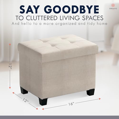 Ornavo Home Small Rectangle Storage Ottoman with Legs, 12x16x12, Beige | Foot Rest Stool Seat; Holds Up to 600 lbs; Ideal for Living Room, Bedroom, Home Office or Dorm
