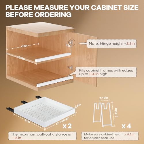 2Pack Pull out Cabinet Organizer 21"Deep with 4 Adjustable Dividers,Expandable（12.1"-20.4"W） Pots and Pans Organizer Under Cabinet with Raising Pad for Framed Cabinets,Slide out Drawers,White