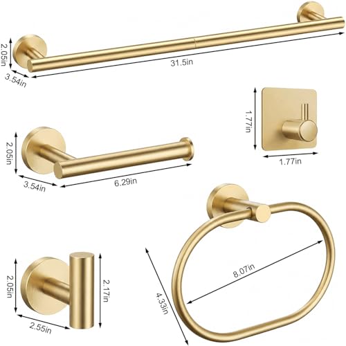 Brushed Gold Bathroom Accessories Set, 7 Pieces Gold Towel Bar Bathroom Hardware Set, 31.5 Inch Towel Racks for Bathroom, SUS304 Stainless Steel Bathroom Towel Holder Toilet Paper Holder Wall Mounted