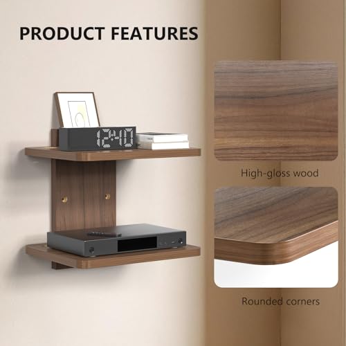 WALI Floating TV Shelf, 2 Tier Projector Shelf for DVD Players, Routers, Game Consoles, Cable Boxes, Living Room Decor Accessories, Wall Mount Shelves Holds Up to 22lbs (CS202N), 2-Shelf, Walnut Brown