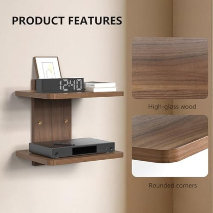 WALI Floating TV Shelf, 2 Tier Projector Shelf for DVD Players, Routers, Game Consoles, Cable Boxes, Living Room Decor Accessories, Wall Mount Shelves Holds Up to 22lbs (CS202N), 2-Shelf, Walnut Brown