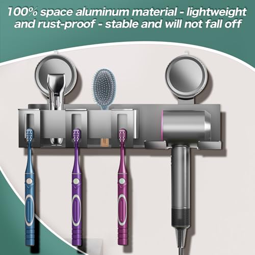 Detachable Wall Electric Toothbrush Holders, Bathroom Organizers and Storage, 3 Cups Holders Accessories Storage Decor, Hair Dryer Holder, Powerful Upgraded Sticky Suction Cup, All-Aluminum Material