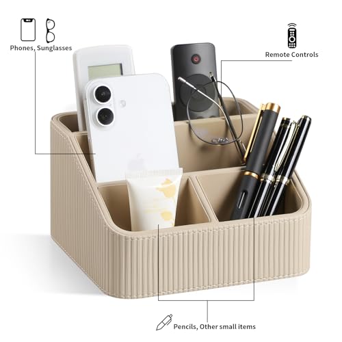 Small Remote Control Holder Bedside Nightstand Organizer Desk Caddy | 4 Compartments, Soft Velvet Lining, Decorative Modern Design, Aesthetic Stripes, Waterproof And Stain-Resistant