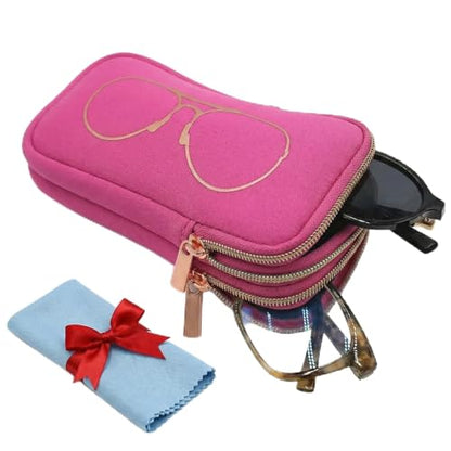 Double Glasses Case Neoprene Pouch Soft Eyeglass Sunglasses Cases With Cleaning Cloth