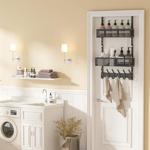 LUCYCAZ Over The Door Hooks Organizer,Door Hanger with 10 Hooks & 2 Basket | Adjustable Spacing,Over The Door Towel Rack,Multi-Purpose Back Storage Organizer Hanging Coat for Bathroom,Bedroom (Black)