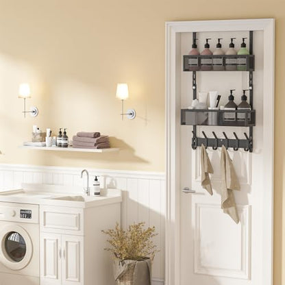 LUCYCAZ Over The Door Hooks Organizer,Door Hanger with 10 Hooks & 2 Basket | Adjustable Spacing,Over The Door Towel Rack,Multi-Purpose Back Storage Organizer Hanging Coat for Bathroom,Bedroom (Black)