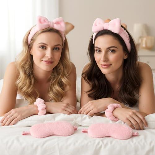 48 Pcs Spa Party Supplies Bulk, 12 Spa Headband 12 Plush Sleep Eye Mask 12 Velvet Scrunchies 12 Organza Bags Disposable for Bachelorette Sleepover Slumber Party Favors Christmas Favors Gift(Pink)
